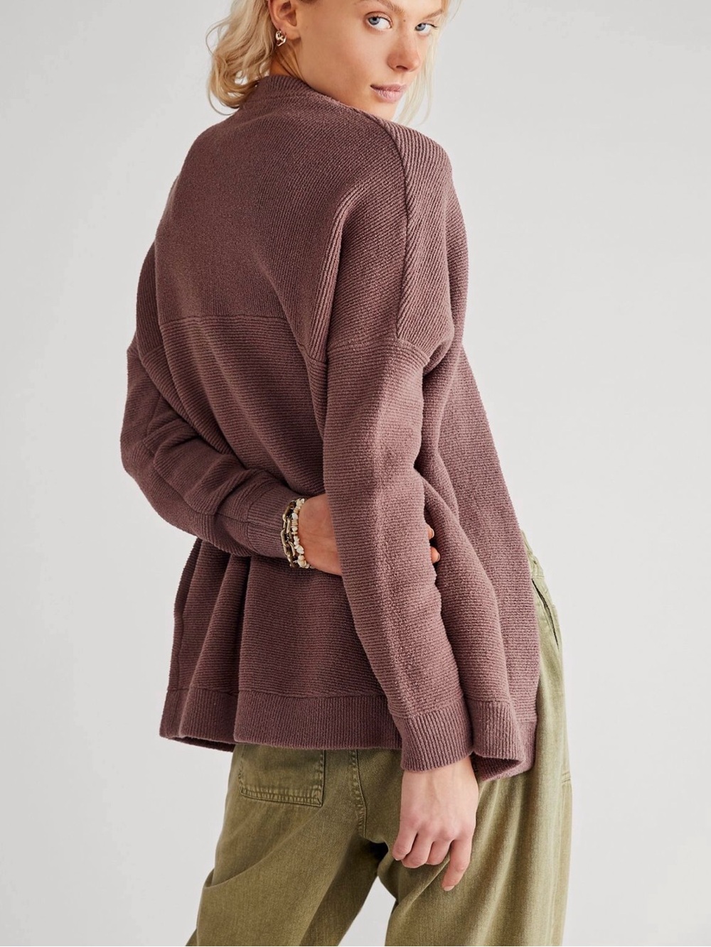 Free People Brown Ottoman Cardigan Sweater Small Slouchy Ribbed Knit Relaxed Fit - Picture 2 of 10